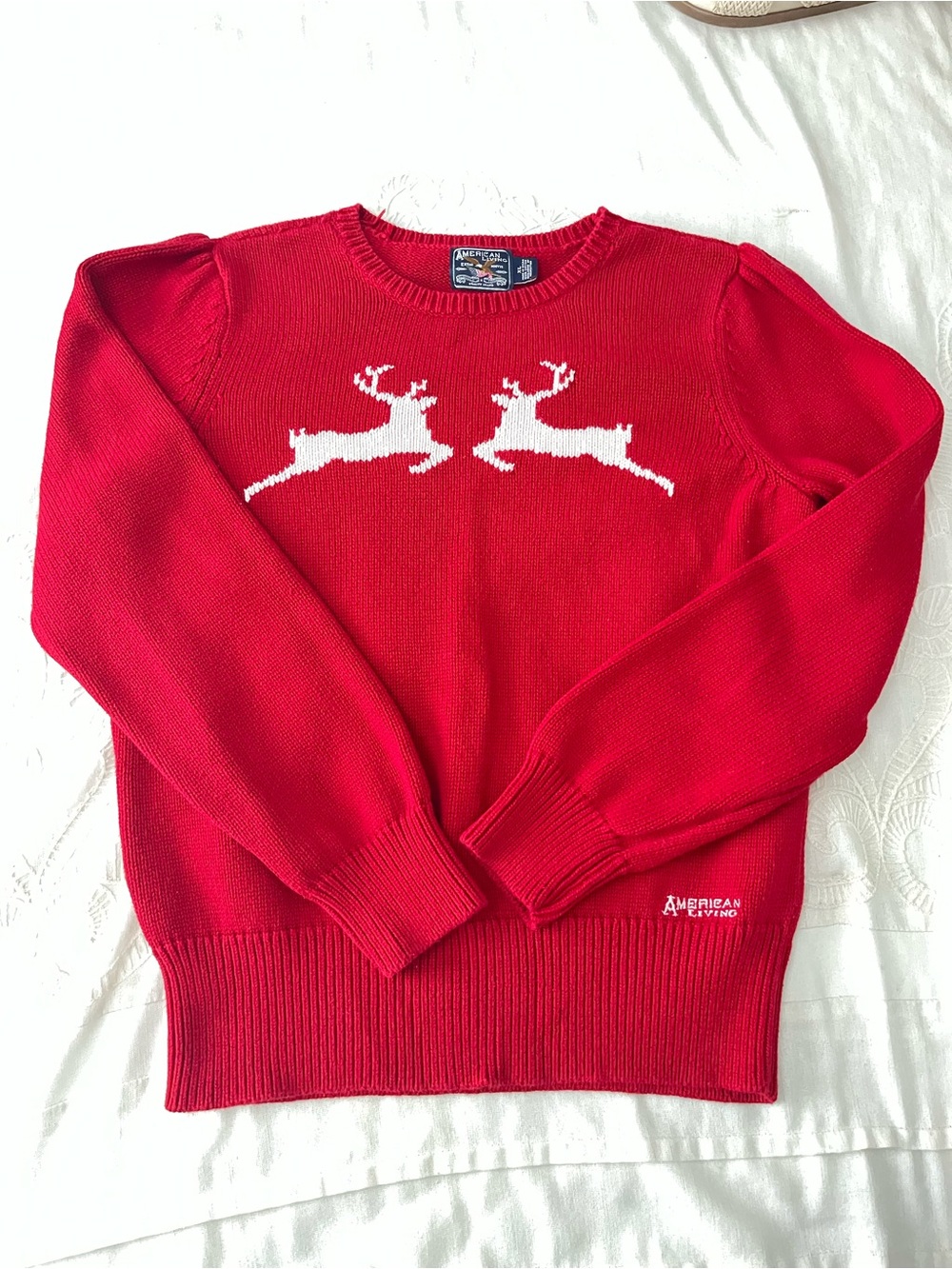 Cabin Core Red Crewneck Sweater with White Reindeer Motif, American Living